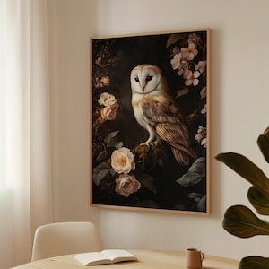 Barn Owl Canvas Wall Art - Vintage Woodland Bird with Floral Accents for Rustic Nature-Inspired Home Decor, Wildlife Lover&#39;s Gift