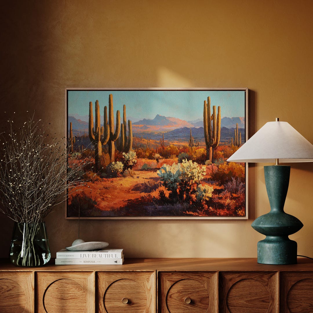Southwest Desert Cactus Canvas Wall Art | Vibrant Saguaro Landscape Oil ...