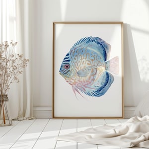 Colorful Discus Fish Watercolor Wall Art, Coastal Ocean Bathroom Decor, Tropical Beach House Print, Nautical Marine Sea Life Poster