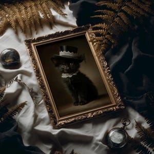 Victorian Black Cat Canvas Art, Elegant Kitten Portrait with Hat, Vintage Animal Wall Decor, Whimsical Pet Lovers Gift