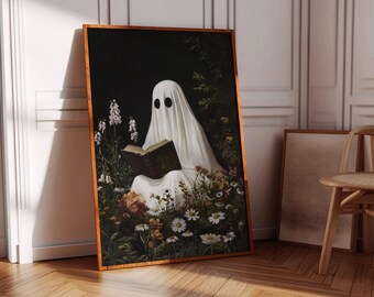 Leitura fantasma em tela de prado de flores silvestres, estampa gótica assustadora e fofa, decoração de Halloween excêntrica, presente para amantes de livros, Dark Cottagecore
