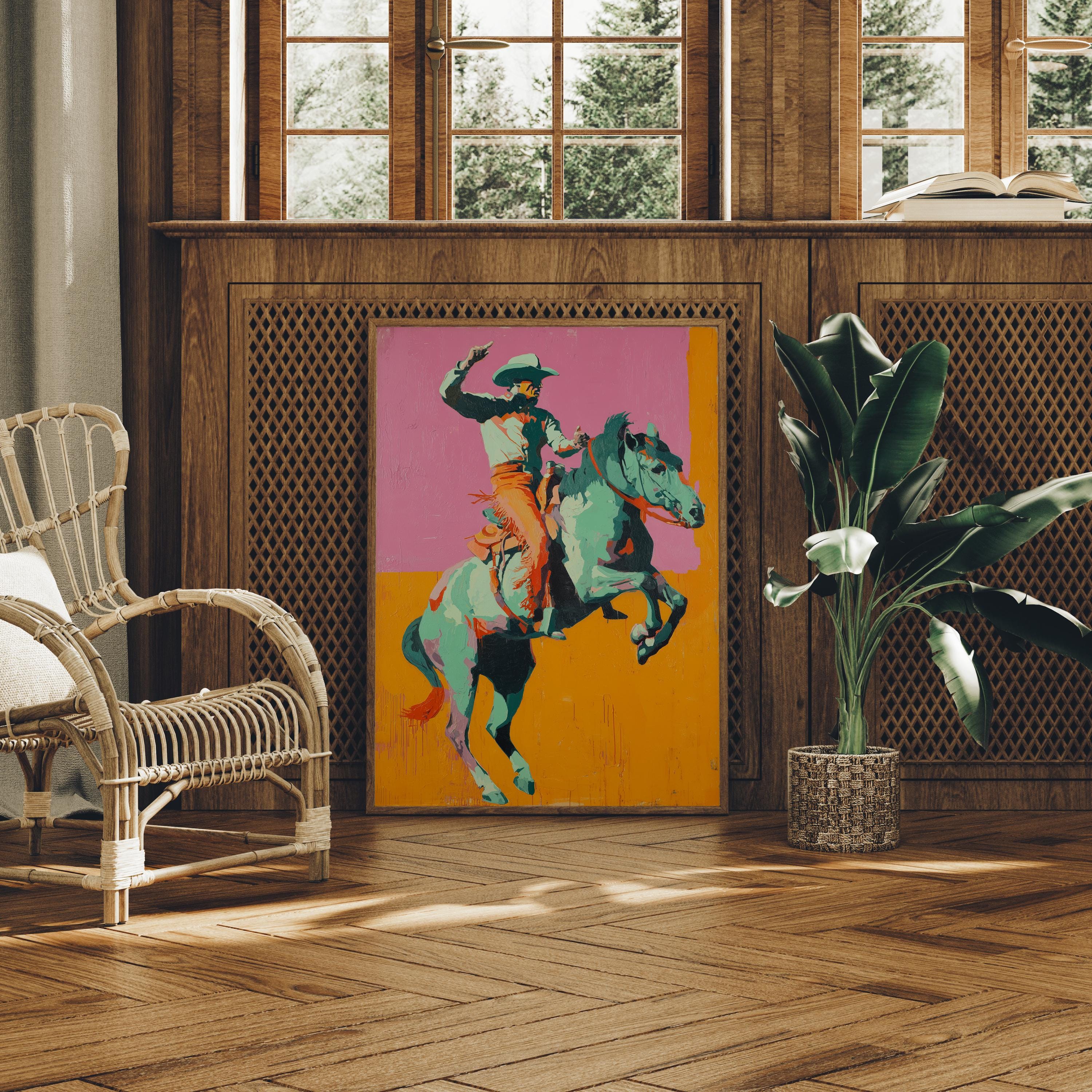 Cowboy Riding Horse Canvas Wall Art, Western Rodeo Print, Colorful ...