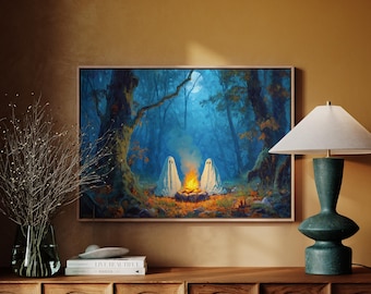 Geister am Lagerfeuer im Wald | Original Halloween Poster mit Mondschein
