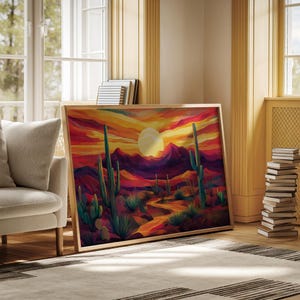 Southwest Desert Sunset Canvas Art | Colorful Cactus Landscape Print | Vibrant Desert Mountain Wall Decor | Bold Sunset Scene Poster