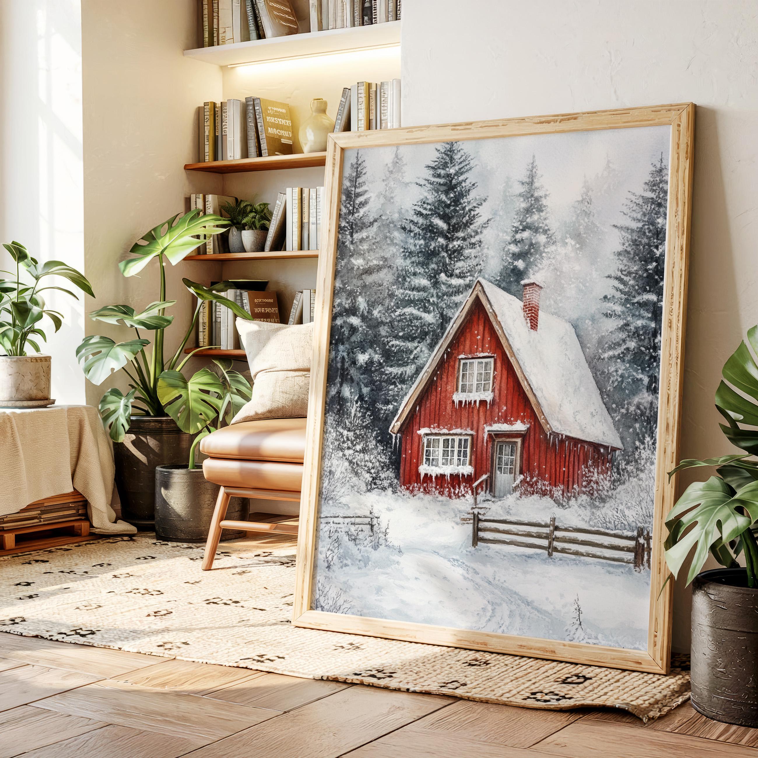 Tableau Déco Hiver Forêt Enneigée Avec Chalet Rouge - Impression Sur Toile (canvas), Neuf, Scène Cozy