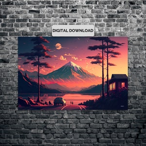Puede incluir: Una pintura digital de una cordillera con un lago en primer plano. El cielo es de un rosa y naranja vibrantes, con una luna llena en el cielo. Hay dos árboles a cada lado del lago, y una pequeña cabaña en el lado derecho de la imagen. Un coche está conduciendo por un camino en primer plano.