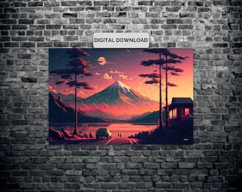 LoFi  Scenery Digital Download, Orange Sunset Mountain Wall Decor Digital Download , Lofi Art