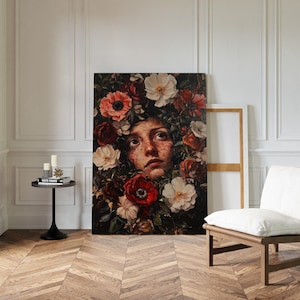 Peinture à l'huile Femme en rouge et blanc Floraison florale | Art mural visage floral surréaliste | Toile de portrait botanique pour décoration intérieure Moody