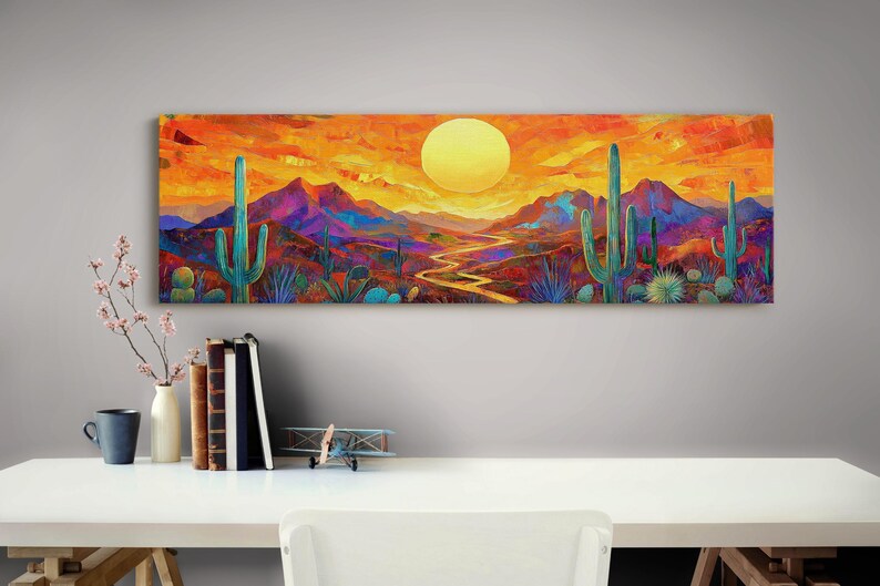 Vibrant Desert Sunset Canvas Art | Bold Cactus and Mountain Landscape ...