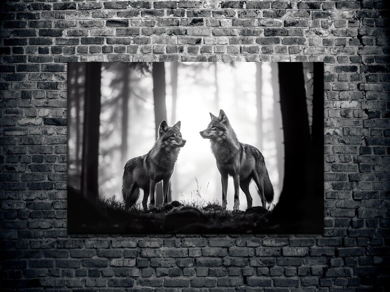 Black and White Wolf Pack Canvas Wall Art Print, Rustic Home Decor Wolf