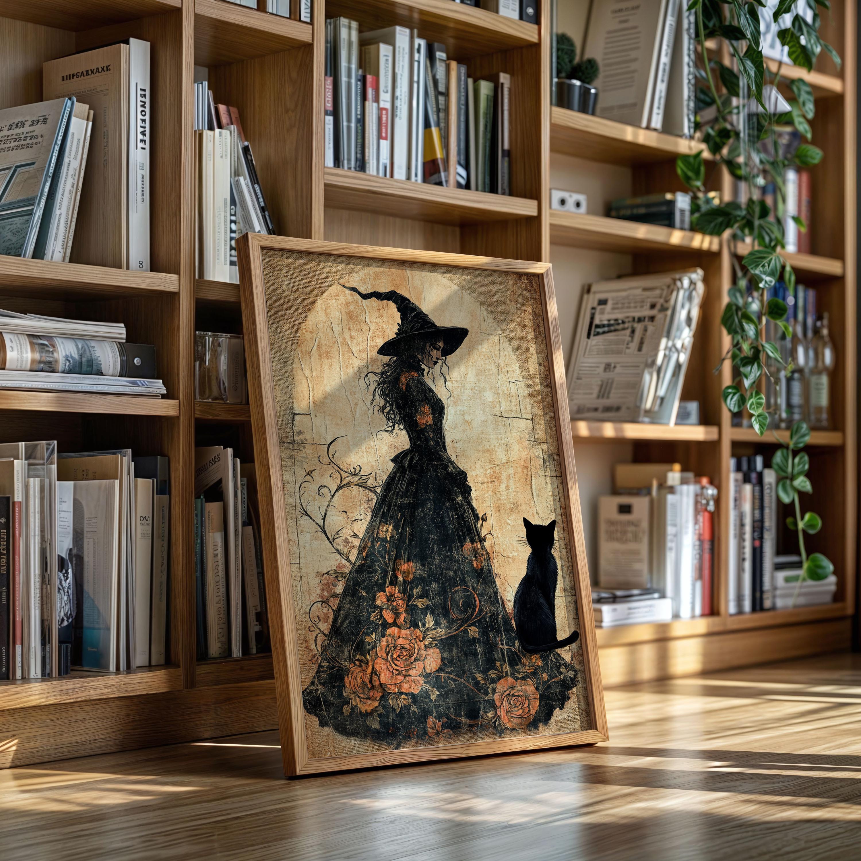Vintage Witch Wall Art With Black Cat, Gothic Halloween Canvas Print ...