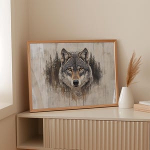 Rustic Wolf Canvas Wall Art – Gray Wolf Head with Golden Eyes, Woodland Forest Animal Painting on Wood Background for Cabin Decor