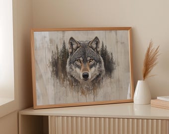 Rustic Wolf Canvas Wall Art – Gray Wolf Head with Golden Eyes, Woodland Forest Animal Painting on Wood Background for Cabin Decor