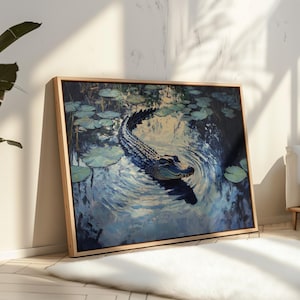 Majestätische Alligator Leinwand - Gelassene Wildtier Kunst, Sumpf Szene mit Seerosen, Alligator Wand dekoration für Natur und Tier Liebhaber