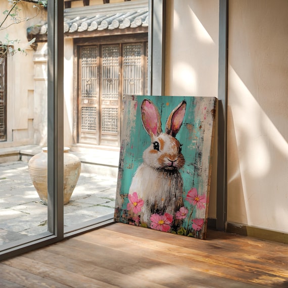Whimsical Bunny With Flowers Canvas - Rustic Farmhouse Rabbit Wall
