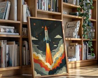 Lienzo decorativo de cohete retro, póster vintage de exploración espacial con colores vibrantes, decoración moderna de mediados de siglo con astronautas de ciencia ficción.