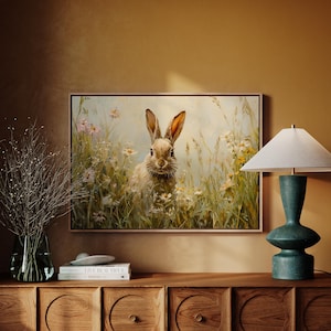 Rustic Bunny in Wildflowers Canvas, Cottagecore Rabbit Painting, Spring Meadow Wall Art, Woodland Animal Decor, Nature-Inspired Print