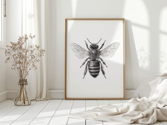 詳細なミツバチのイラストウォールアート、白黒の昆虫の絵、農家風