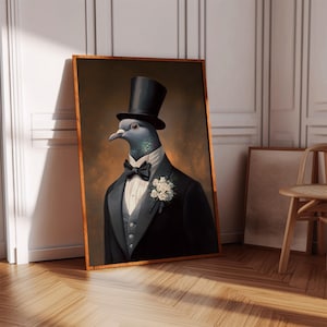 Victorian Pigeon Wall Art – Dapper Bird in Top Hat and Tuxedo with Boutonniere, Anthropomorphic Canvas Print for Whimsical Home Decor