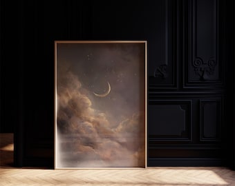 May include: A framed art print showing a night sky with a crescent moon and stars. The artwork has a cloudy, atmospheric feel, with a palette of brown, gold, and grey. The frame is made of wood.