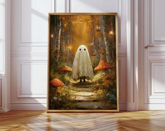 Ghost in Enchanted Forest Art Print, Halloween Fairycore Wall Decor, Spooky Woodland Spirit Painting, Autumn Lantern Ghost Artwork