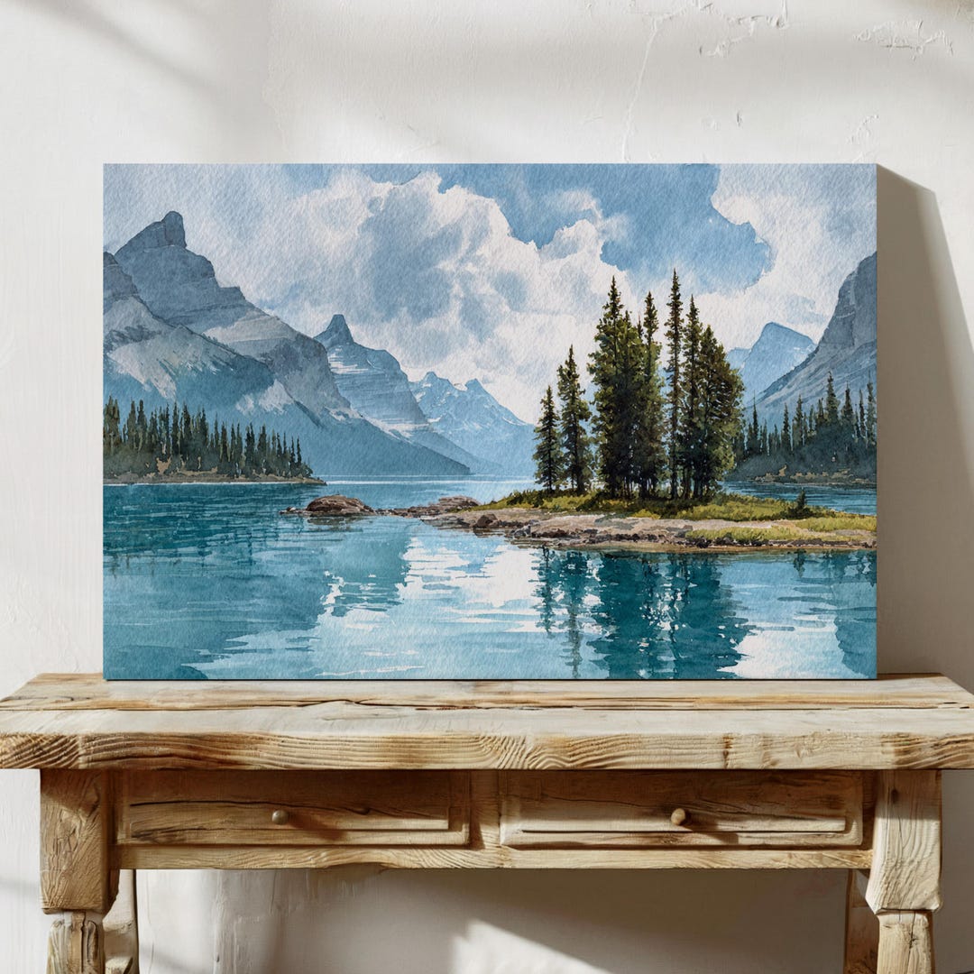 Mountain Lake Canvas Wall Art | Watercolor Landscape Painting of Pines ...
