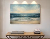 Serene Ocean Waves Canvas, Coastal Beach Wall Art, Tranquil Seascape Painting, Nautical Home Decor, Soft Blue Ocean Print