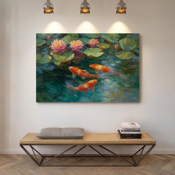 Koi Fish and Lotus Flowers Canvas Wall Art, Vibrant Pond Painting with Orange Koi, Water Lilies, and Green Lily Pads, Tranquil Home Decor