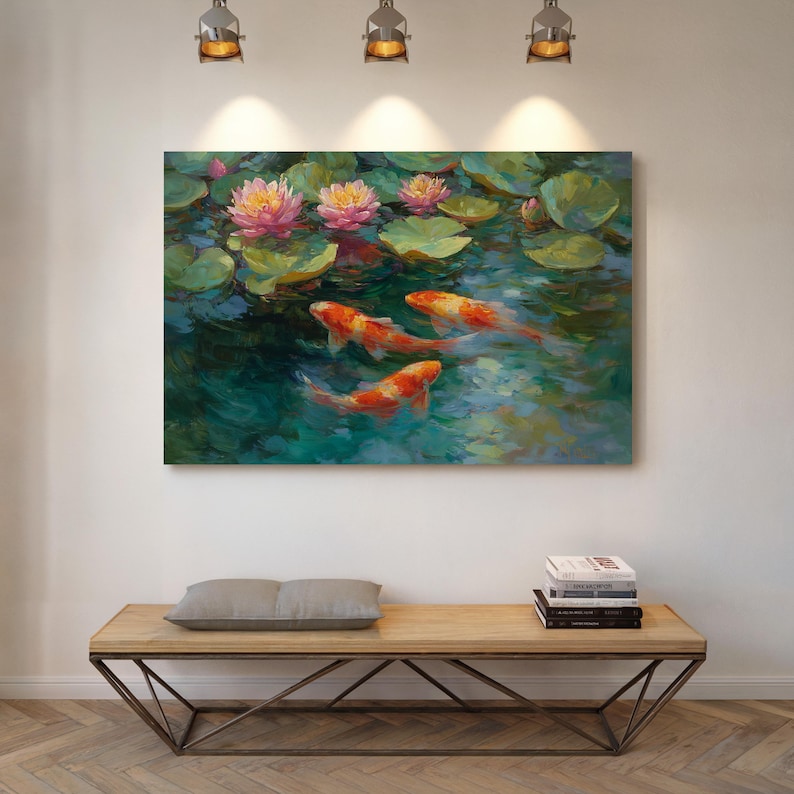 Colorful koi fish swim beneath blooming lotus flowers and lily pads in this stunning canvas wall art. A vibrant pond painting that brings peace, balance, and harmony to your space—perfect for living rooms, bedrooms, or serene meditation areas.