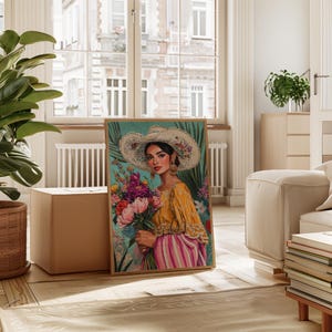 Floral Mexican Woman Canvas Wall Art – Colorful Latin Heritage Portrait in Vintage Oil Painting Style with Flowers and Embroidered Hat image 4