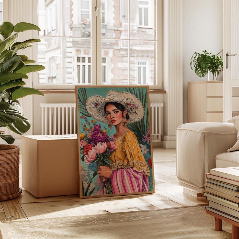 Floral Mexican Woman Canvas Wall Art – Colorful Latin Heritage Portrait in Vintage Oil Painting Style with Flowers and Embroidered Hat image 4
