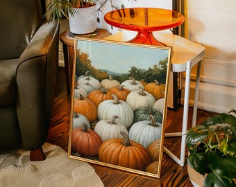 Rustieke pompoen patch canvas kunst, herfstoogst muur decor, witte en oranje pompoen schilderij voor boerderij, herfst portiek, Thanksgiving-sfeer