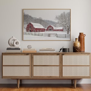 Red Barn in Snowfall – Winter Farm Scene Canvas Wall Art, Rustic Country Landscape Print, Christmas Farmhouse Decor