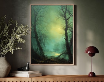 Lienzo decorativo con bosque brumoso y luz de luna: pintura al óleo vintage de árboles encantados y un río resplandeciente en tonos verde azulado.