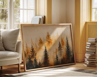 Golden Autumn Pine Forest Canvas Wall Art – Misty Woodland Landscape Painting, Rustic Nature Home Decor, Warm Fall Forest Canvas Print