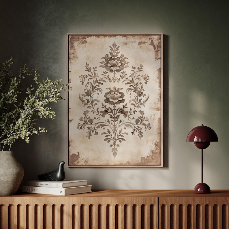 Vintage Botanical Canvas Art, Antique Floral Pattern Wall Decor, Sepia ...