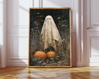 素朴なゴーストとカボチャのアートプリント - 不気味な秋のハロウィーンの壁飾り - 秋の雰囲気のあるヴィンテージの野原のゴーストのイラスト