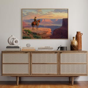 Cowboy on Horseback at Sunset Canyon | Western Desert Canvas Wall Art | Rustic Ranch Decor | Southwest Cowboy Painting for Lodge or Cabin