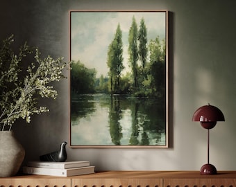 Vintage Oil Painting of Riverside Trees Reflected on Water – Peaceful Landscape Canvas Art for Nature-Inspired Home Decor