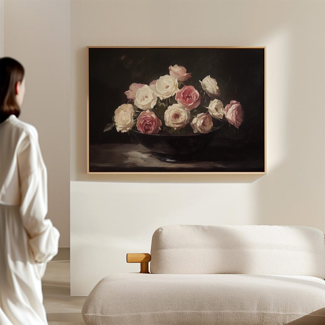 Vintage Floral Still Life Canvas, Dark Moody Rose Painting, Romantic ...
