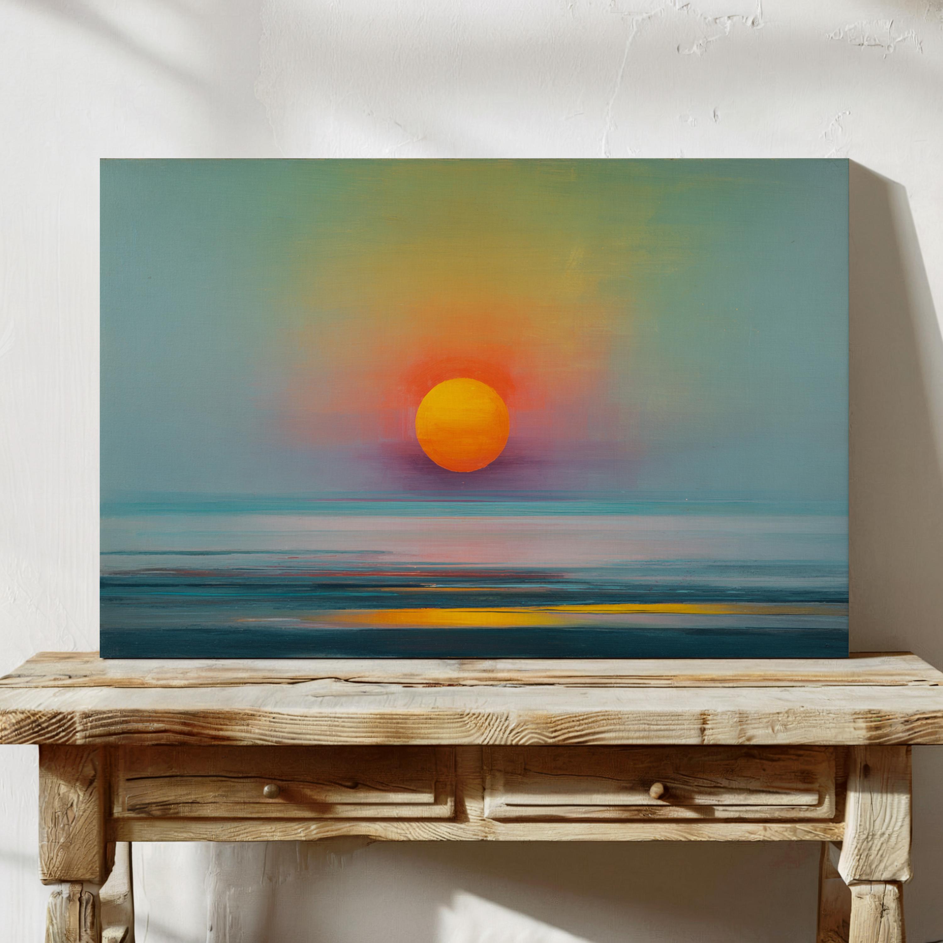 静かな海に浮かぶ大胆なオレンジ色の太陽を描いたミニマリストの海の