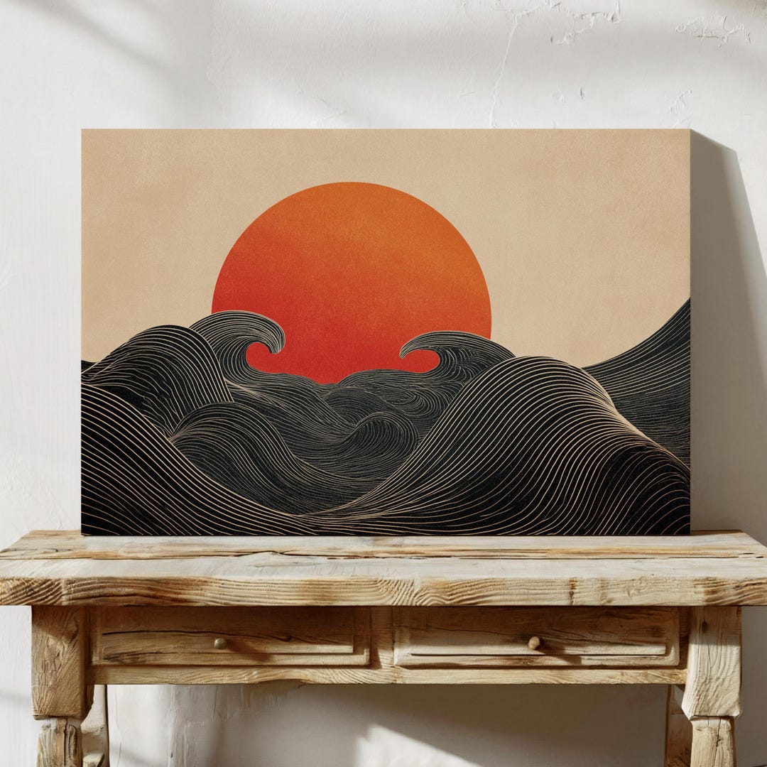 Rising Sun Over Stylized Ocean Waves - Etsy