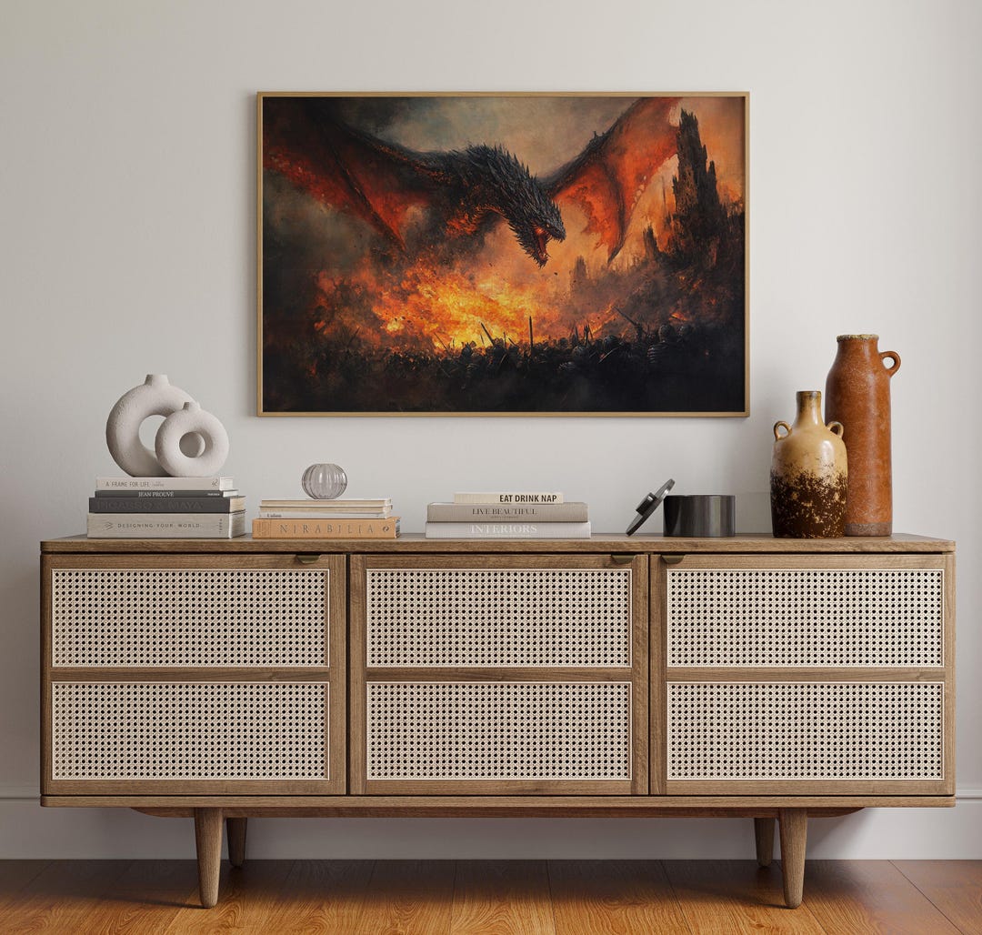 Epic Dragon Battle Canvas Wall Art | Dark Fantasy Fire Breathing Dragon ...