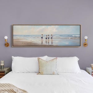 Children on Beach Canvas, Coastal Ocean Wall Art, Serene Seascape Painting, Kids Playing Seashore Print, Nautical Home Decor
