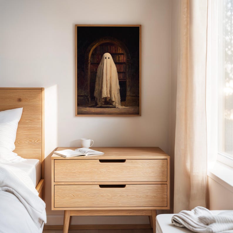 Vintage Ghost in Library Canvas – Gothic Haunted Book Nook Wall Art ...