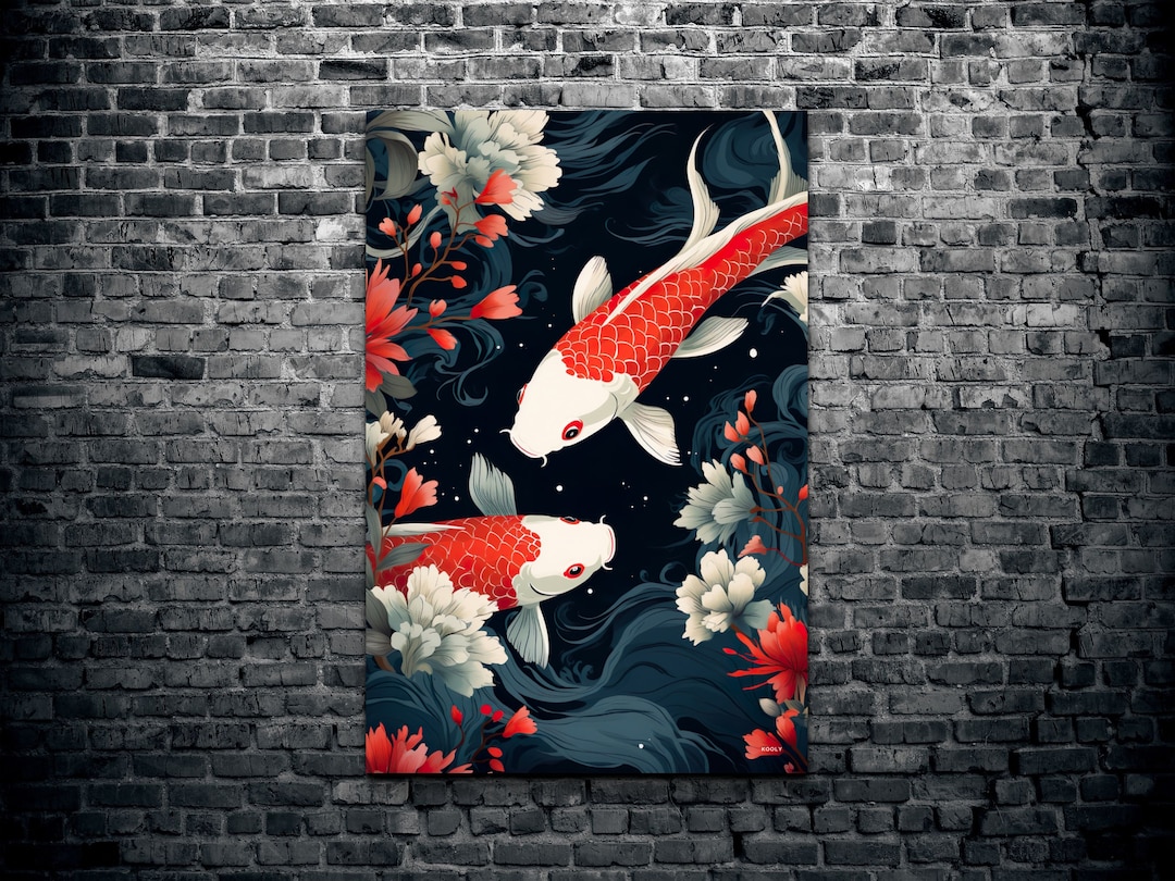 Koi Fish Canvas Wall Art, Two Koi Fishes Nature Animal Wall Art