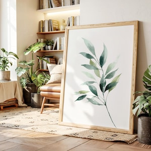 Impresión minimalista de hojas de acuarela, arte mural botánico verde para decoración natural moderna, rústica, bohemia o neutra, póster de plantas relajantes.