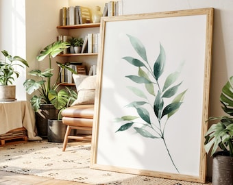 Minimalist Watercolor Leaf Print, Green Botanical Wall Art for Modern, Farmhouse, Boho or Neutral Nature Decor, Calming Plant Poster