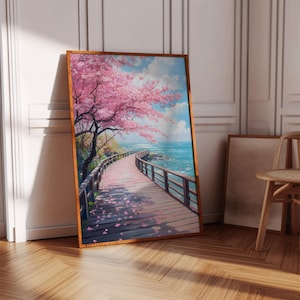 Toile de promenade océanique fleurs de cerisier | Sentier paisible des fleurs de sakura au bord de la mer | Impression d'affiche d'art mural côtier printanier tranquille
