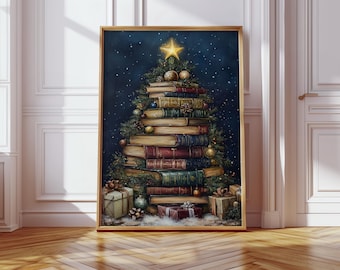 Lienzo con árbol de Navidad, acogedora decoración navideña de biblioteca, libros antiguos con adornos, impresión artística de pared para amantes de los libros.